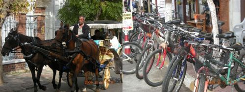 島の足である馬車 船着場に近いところにタクシースタンドならぬ馬車スタンドがあります。貸し自転車やさんもあります