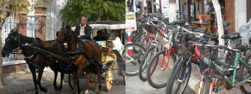 島の足である馬車　船着場に近いところにタクシースタンドならぬ馬車スタンドがあります。貸し自転車やさんもあります