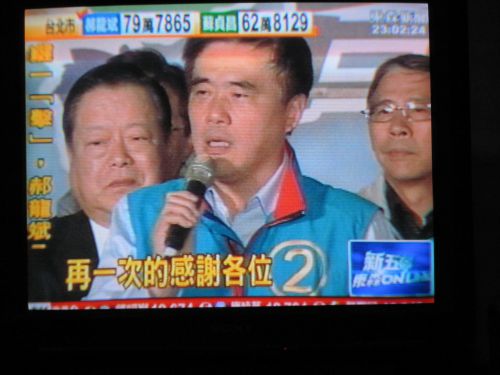 再選を果たした現職の郝龍斌（ハオ・ロンビン）台北市長（TVの映像を撮影）