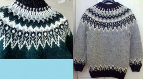 伝統的な幾何学模様のアイスランドセーター、同模様で色違いのセーターの模様拡大図　（この記事に掲載しているセーターは全て私の手編みです）