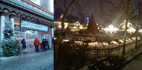 リーセベリの正面入口とクリスマス期間の園内