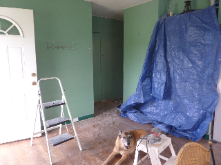 天井修繕中、ホコリだらけの部屋