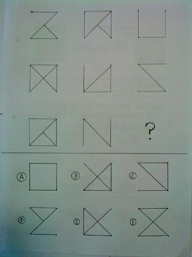 一定の規則のもとで図形が並んでいます。「?」に入る図形をA〜Fの中から一つ選んでください。(この問題は私が作りました。)回答はこの記事の一番下にあります。