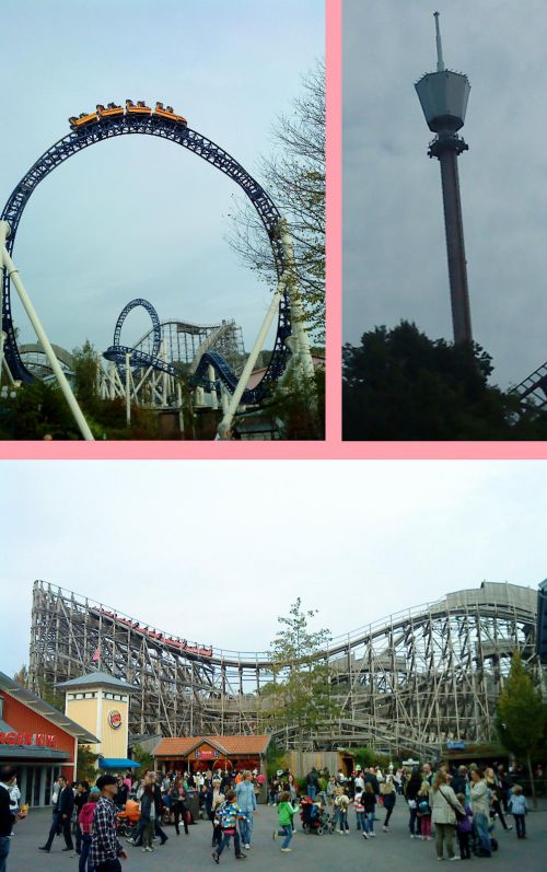 リーセベリを代表する３大絶叫マシーン。左上がカノンネン/Kanonen、下がバルデル/Balder、右上は今年新設のフリーフォール、アトモスフェアー/ATMOS FEAR