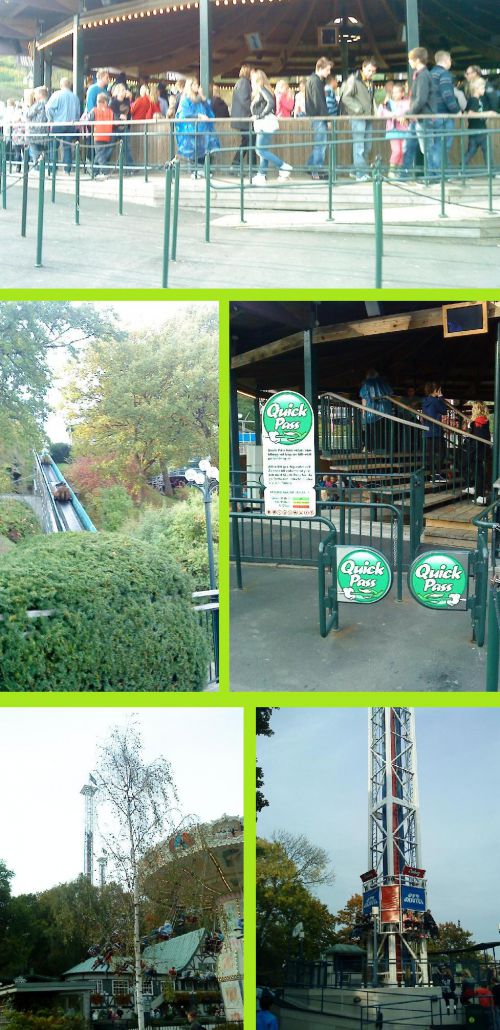 その他、急流すべりやトップスピンなどの絶叫マシーンもあります。人気のあるアトラクションには付き物の行列、混雑期には上の画像のロープで区切られた範囲外に及ぶまで人が並びますが、今年から特に人気のあるアトラクションに対して、追加料金で搭乗時間が予約が出来るQUICK PASSが導入されました。