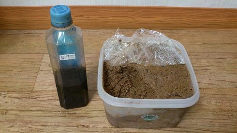 メジュから作った韓国醤油「カンジャン（左）」と韓国味噌「テンジャン（右）」