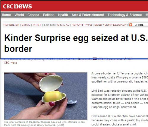 事件を伝えたCBCニュースのウェブページ(http://www.cbc.ca/consumer/story/2011/01/10/man-kinder-surprise-border.html)
