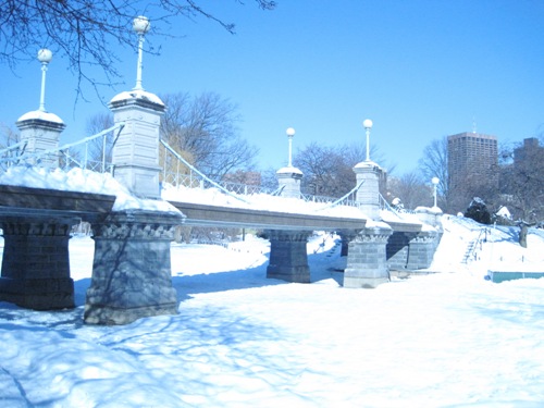 橋の下は池だけど凍った上に雪が降り積もっている
