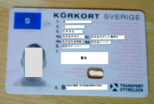 スウェーデン語で運転免許はkörkort(ショールコート)と言います。知り合いのkörkortの外観(セキュリティー上、個人情報は伏せさせていただきます)有効期限は10年、国際免許なしでもEUおよびEEC圏内で利用できます