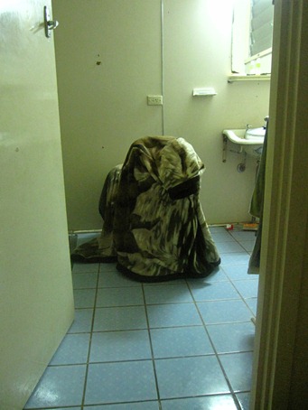 毛布を被って蒸し風呂を体験