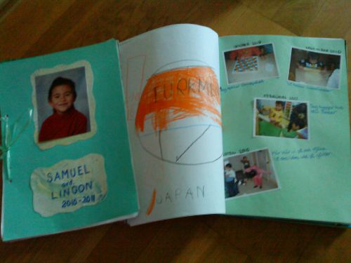 幼稚園で描いてきた絵や、遊んでいる写真をまとめて本にしていたのを、持ち帰りました。日本に行く飛行機を描いたりしています