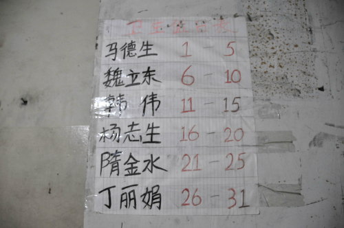 4階の壁に貼られていた清掃当番表。中国語の氏名の横に、それぞれ担当の日付が書かれている