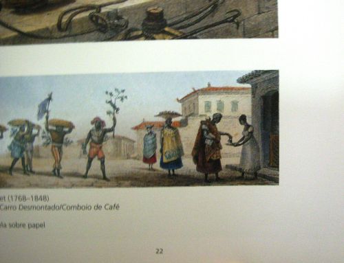 「IMAGENS E HISTORIA DO BRASIL:COLECAO BRASILIANA NA BM&F」の冊子の一ページより、1834年にJEAN-BAPTISTE DEBREによって描かれたコーヒー豆を売る女性の絵