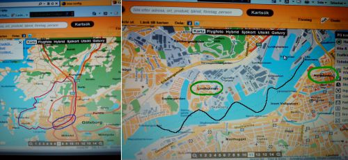 左側がヨーテボリ周辺地図、赤く囲んだところがHisingenという島、Hisingenにまたがる青色の市内中心部を拡大すると右の画像のように運河があります。定時便の船は、黒線で示したように両岸を縫うように運行しています（公式地図検索サイトeniro.seより）