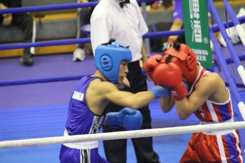 男子フライ級準優勝の田中一樹（青）