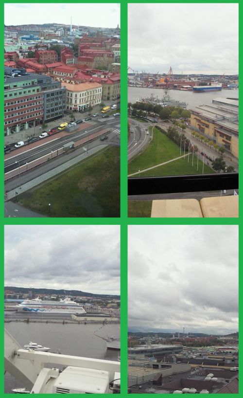 市内をあらゆる方向から観覧（１）、リーセベリ遊園地が奥にかすかに見えたり（左上）テレビ局など普段よく見かける建物も、上から眺めると違った趣があります