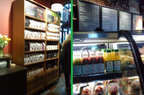 店内の様子 コーヒー豆やマグカップなども販売され、サイドメニューも充実しています