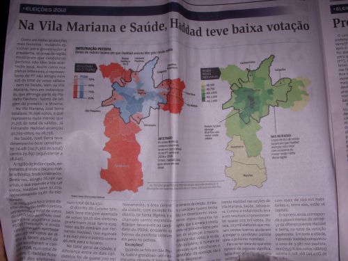 11月にサンパウロ市内のローカルなフリー新聞で掲載された10月の市長選挙の得票率などを示した地図。
