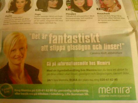 アテネオリンピック陸上金メダリストのカロリナ・クリュフトが宣伝の顔になっています。彼女が受けた治療はレーシックとはフラップの作り方が異なるラゼックというものだそうで、有名人の体験談を紹介してPRする部分は、日本のレーシック業界と共通しています