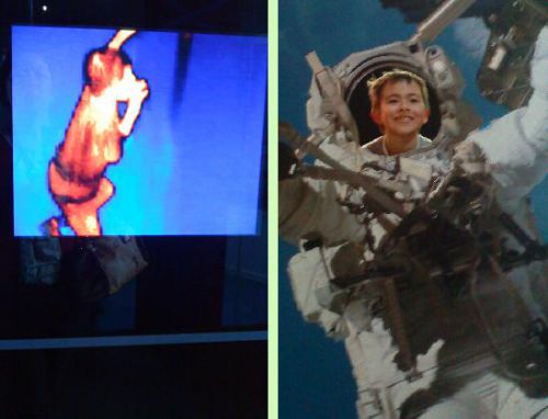 その他科学コーナーに展示されているサーモグラフィー体験マシンや宇宙服のパネル