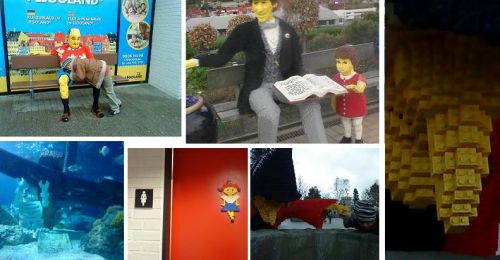 エントランス付近で居眠りしているレゴ人形（左上）いびきの音もレゴに内臓のスピーカーで演出されていました。その他、デンマークを代表する作家アンデルセンの模型（左中央）もありました。園内にある水族館にもレゴの骸骨が流木を持ち上げていたり、トイレの入り口の人形ももちろんレゴ製、魔法使いの鼻のあたりを拡大した画像が右側、すべてレゴのブロックで出来ていることがわかります