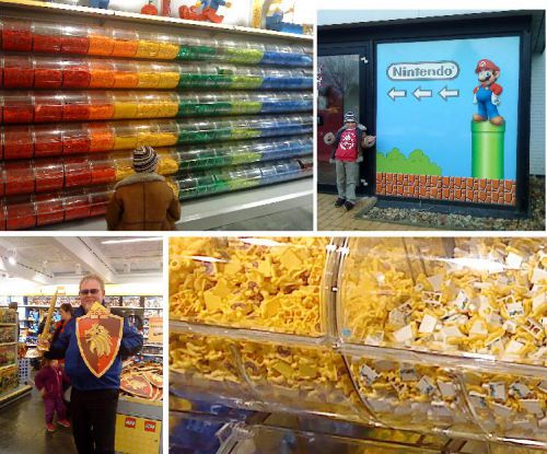 レゴブロックやオリジナル製品が豊富に揃った売店では、お土産が見つかること間違いなし。売店ではレゴ製品各種はもちろん豊富に揃っている他、レゴブロックの量り売りも、まるでお菓子コーナーみたいに見えますが、紛れもなく「レゴ」（右下が拡大図）です。売店の近くに任天堂のゲームが出来るコーナーも、著作権料支払い義務などの関係で簡単に置けないのでしょうが、ここにマリオその他ゲームキャラクターのレゴも揃っていれば非常に面白いのに…と思いました