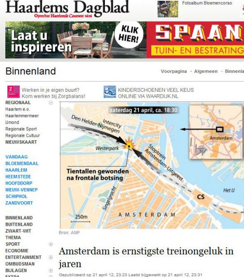 地図;ローカルニュースのサイトから http://www.haarlemsdagblad.nl/algemeen/binnenland/article15255953.ece/Amsterdam-is-ernstigste-treinongeluk-in-jaren