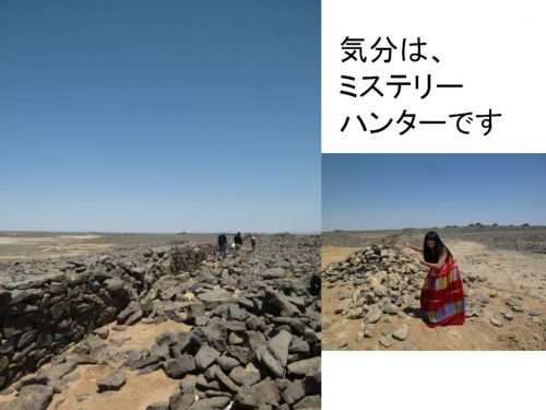 黒い岩の砂漠に突如現れる 謎の石塀群