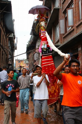 牛に模した御輿のようなものを担いで