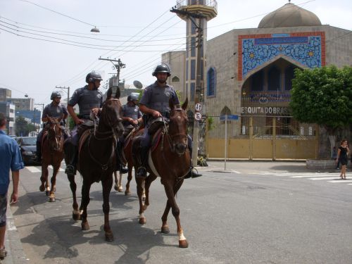 サンパウロ市内を走る警察の騎馬隊
