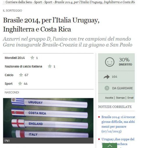 抽選直後の新聞のタイトル(Corriere della Sera 紙より抜粋)