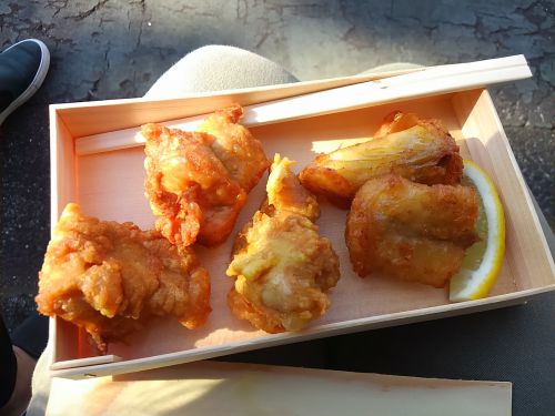 揚げたてのフグと鶏の唐揚げ。