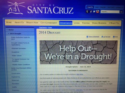 サンタクルーズ市のウェブサイト。水不足の深刻さをアピール