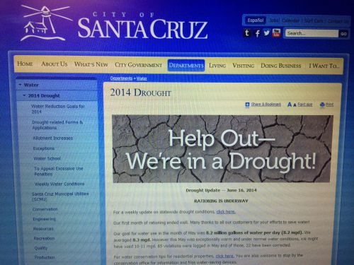 サンタクルーズ市のウェブサイト。水不足の深刻さをアピール