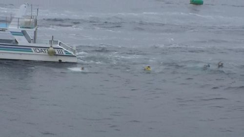 「飛び込めよー！」とデッキから声を受け、漁船や観光船からダイブする人々も