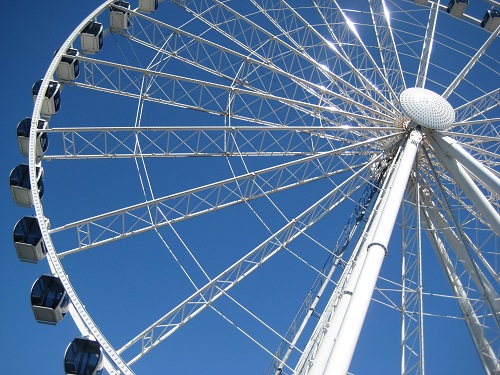 The Seattle Grate Wheel（シアトル・グレート・ウイール、大観覧車）。シアトルの名所としては比較的新しめのアトラクション。海辺にそびえたっています。