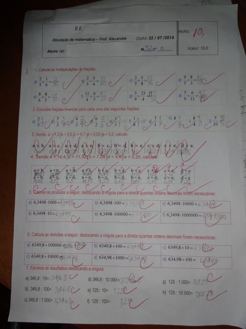 基礎教育6年生の10点満点の算数のテスト用紙