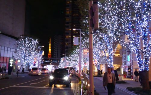 東京タワーのオレンジの光とのコントラストも見事。