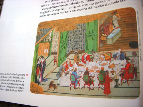 ブラジル教育省が認可した2014年から2016年用の7年生の歴史教科書に挿入された「18世紀の日本でヨーロッパ人がクリスマスイヴを祝う様子」を描いた版画