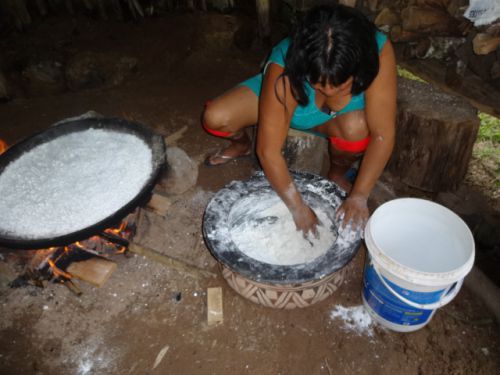 白いタピオカを調理するブラジルの先住民クイクロ族の女性