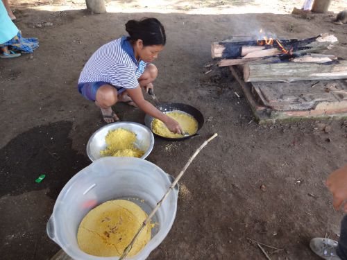 トウモロコシの粉でタピオカ状の食べ物を作るブラジルの先住民グアラニ族の女性