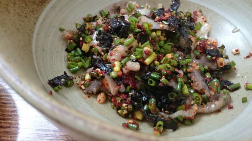 ぶつ切りになったタコと薬味が出てきました