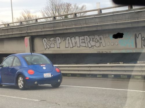 高速道路の壁に書かれたスプレーの落書き（一部加工）。走行中だったので、きちんと撮影できませんでしたが、R.I.P. America.（アメリカよ、安らかに眠れ）の後には、トランプをののしる言葉が書かれていました