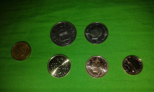 左が唯一据え置きの10kr硬貨、上が旧硬貨5krと1kr、下が新硬貨5kr,2kr,1kr