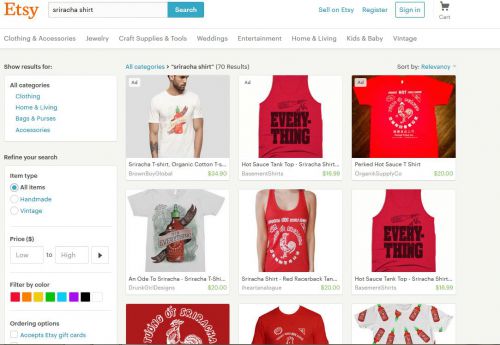 主にハンドメイドのクラフト類を販売するEtsyサイトにも、シラッチャーソースをモチーフにした商品がたくさんあります