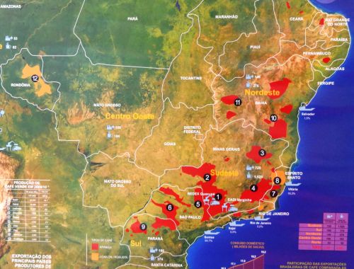 ブラジルでコーヒー豆を生産する12の主要な産地。1.スル・デ・ミナス、2.セラード、5.モジアーナが良質なアラビカ種が生産される地域という定評が高い。