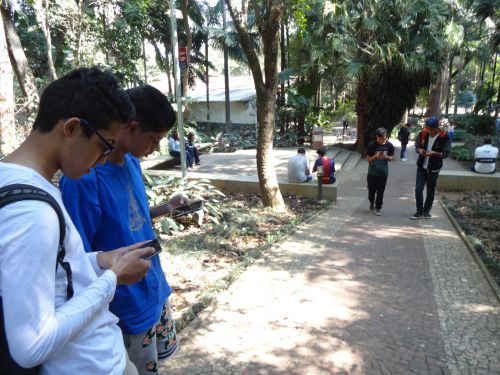 サンパウロ市内の公園でポケモンGOをする若者