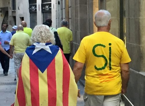 「SI」 は「賛成」の意味を示すTシャツと州国旗を身にまとう住民