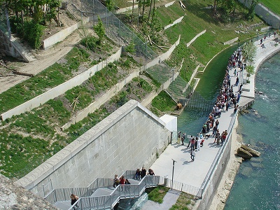 ベルンの街にあるクマ公園は土手にあります。すでにたくさんの人々が訪れています。