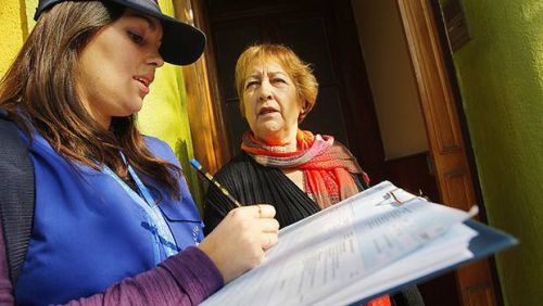 国勢調査員が朝9時から日没にかけて家々を巡り聞き取りを行う